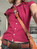 Purpdrank  Red Plaid Slim T-Shirt Blouse Woman Summer Peter pan Collar Single Breasted Short Sleeve Tees Vintage Sweet Cotton Tshirt Y2k