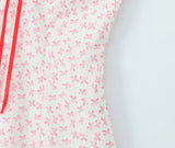 Purpdrank  Sexy White Pink Flower Print Bow Ribbon Strapless Dress Women Slim Waist Backless Mini Dresses A-lined Short Robe