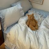 Purpdrank  INS Style Blue Stripes Ruffles Patchwork Bedding Set Single Queen Size 100% Cotton Duvet Cover Flat/Fitted Bed Sheet Pillowcases