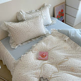 Purpdrank  Korean Princess Style Lace Ruffles Floral Bedding Set 100% Cotton Duvet Cover Bed Sheet/Fitted Sheet/Bed Skirt Pillowcases 3/4Pc