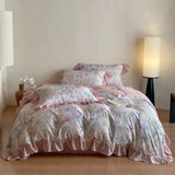 Purpdrank  4Pcs Lyocell Soft Silky Cooling Summer Bedding Set Rose Floral Prints Ruffles Duvet Cover Set Bed Sheet/Fitted Sheet Pillowcases