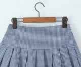 Purpdrank  Sexy Blue Plaid Lapel V neck Short Puff Sleeve Shirt Tank Top + Women Bow Zipper Waist A-line Pleated Mini Skirt 2 Pieces 1 Set