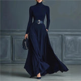 Purpdrank  Fashion Half High Collar Knitted Long Dress Autumn Casual Long Sleeve Party Dress 2025 Winter Elegant Splicing Maxi Dress