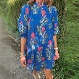 Purpdrank  Summer Short Sleeved Loose Holiday Dress Blue Floral Printed O Neck Women's Dress Elegant Button Pleated Bohemian Dress Vestidos