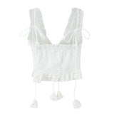 Purpdrank  White 3D Dot Spliced Lace Tie Bow Tassel Sexy Corset Women Summer Tank Tops Lacing up Bandage Strap no Button Crop Top
