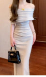 Purpdrank  French Slanted Shoulder, Off-shoulder, Swung Collar, Mid-length, Irregular Waist, Hip-hugging Pleated Dress, New Summer Style