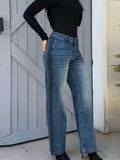 Purpdrank  Women's Retro Side Stripe Contrast Color Wide-Leg Jeans, Stylish, Slimming, Non-Elastic, Mid-Waist, Long Denim Pants