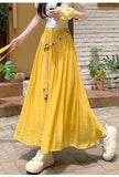 Purpdrank  High Waist Cotton and Linen Bohemian Women's Long Skirts Sashes 2025 New Spring Summer Vintage Solid Pleated Skirts