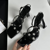 Purpdrank  2025 New Black Gold Square Toe Crystal Flower Women Sandals Fashion Rhinestone Buckle Strap High Heels Wedding Prom Shoes