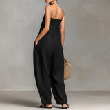 Purpdrank  Bohemian Casual Solid Wide Leg Pants Jumpsuit Woman Spring Sexy Strapless Backless Hollow Rompers Summer Lace-up Draped Overalls