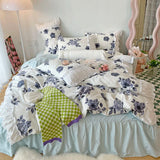 Purpdrank  Korean Ins Rose Pastoral Lace Quilt Cover Washed Cotton Princess Bedding Sets Bed Skirt Ruffles Pillowcase Woman Duvet Cover