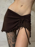 Purpdrank   Brown Mini Skirts Woman Skirts Lace Up Ruffle Fashion Summer A-Line Low Waist Asymmetrical Adjustable Mini Skirts