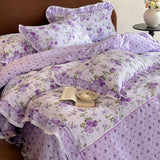 Purpdrank  Rustic Vintage French Rose Floral Ruffles 100% Cotton Bedding Set Duvet Cover Set Flat/Fitted Bed Sheet Pillowcases 4Pcs