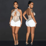 Purpdrank  Sexy Sparkly Rhinestones Mesh Rompers Womens Jumpsuit Shorts Club Outfits Halter Patchwork Sheer Cutout Bodycon Playsuit Woman