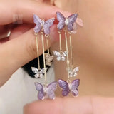 Purpdrank Korean Fashion Purple Crystal Butterfly Dangle Earrings for Women Long Tassel Earring Wedding Party Jewelry Gift Pendiente Mujer