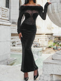 Purpdrank  Sexy Black Velvet Off-Shoulder Leopard Mesh Fur Trim Maxi Dress Women's Long Sleeve Patchwork Bodycon Evening Party Dress