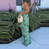Purpdrank  Ruffle Edge Design High Waisted Women's Summer Dress Strapless Hollowed Out Beach Party Dress Green Floral Print Irregular Dress