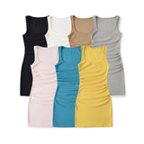 Purpdrank  Sexy U Collar Rib Knitted Cotton Short Tank Dress Women Ruched Waist Sleeveless Stretch Basic Package Hips Robe Vestido