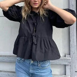 Purpdrank  New European and American Sweet Casual Strap Crew Neck Bubble Sleeve Versatile Shirt