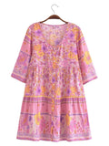 Purpdrank  BOHO V neck Flower Print Single-Breasted Buttons Mini Dress Woman Spliced Ruched Pleated Short Sleeve Loose Robe Holiday
