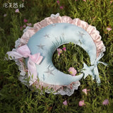 Purpdrank  Creative Lolita Moon Cushion Girls Bedroom Decorative Pillow Lace Ruffle Bow Decorative Moon Shape Back Cushion Seat Cushion