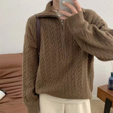 Purpdrank - Autumn Oversize Knitted Sweater Women 2023 New Vintage Pullover Baggy Long Sleeve Zipper Sweaters Lady Half High Collar Korean