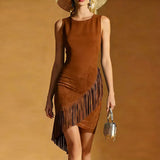 Purpdrank  Ethnic Woman Clothes Spring O Neck Tassel Slim Bodycon Party Dresses Summer Sleeveless Solid Faux Suede Vintage Dress Mujer