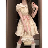 Purpdrank  Sweet Floral Doll Collar Princess Style Dress Women's Summer Bubble Sleeve Short Waist Cinched Fluffy Skirt Citywalk A-Line