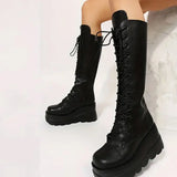 Purpdrank  DoraTasia Black Gothic Fashion Round Toe Side Zipper Lace Up Women's Mid Calf Boots New INS Christmas Street Party Shoes Woman