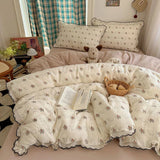 Purpdrank   Korean Pure Cotton Floral Bedding Set Luxury Skin-Friendly Quilt Cover Kit with Fitted Sheet Four Seasons Soft Lace Bedclothes