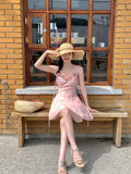 Purpdrank  Casual Light Pink Printed Sleeveless Dress Beach Fashion Y2K Vintage Chic Summer French Retro Elegant Chiffon Midi Dress Women