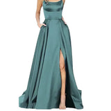 Purpdrank  women's Satin Prom Dresses Spaghetti Straps Backless Long Dress with High Slit Mermaid Formal Party Gown with Pocket Vestido
