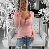 Purpdrank  Spring Elegant Women Corset Skinny Shirt Top New Chic Long Sleeve U Neck Button Slim Ribbed Stretchy T-shirt Streetwear