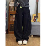 Purpdrank  Black Denim Sickle Pants for Women Loose Wide-Leg Embroidered Scimitar Design Versatile Pickup Style Washed Finish