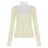 Purpdrank  Sweet Korean Style Knit Top for Women Fashion Color Block Fake Two-Piece Turn Down Collar Long Sleeve Slim Pullover Tops