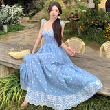 Purpdrank  Spring and Summer New High Waist Slimming Dreamcatcher French Riviera Embroidery Backless Long Dress Women