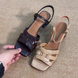 Purpdrank   French Strap Sandals Women Summer Skirts Flat Woven Hollow Artistic Retro Open Toe Roman Shoes Rubber Bottom Square Head