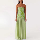 Purpdrank  Elegant Strapless Print Long Dress Women Off Shoulder Sleeveless Split Vestidos Female 2025 Summer Fashion Chic A Line Robe