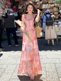 Purpdrank  Vintage Floral Printed French Sleeveless Fairy Dress Holiday Beach Female Lace-up Boho Dress Casual Street Ruffles Party Dress