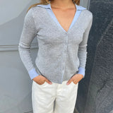 Purpdrank  Fake 2 Piece Knitted Cardigans Y2k Preppy V-neck Layered Collar Patchwork T-shirt Front Button Closure Slim Fit Cropped Sweater