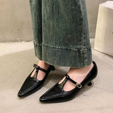 Purpdrank  Fashion Pointed Toe Buckle-heeled Single Shoes Retro Solid Color Women's Shoes Medium Heels Casual Shallow Mouth Zapatos Mujer