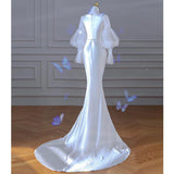 Purpdrank - Elegant Mermaid Wedding Dresses Vintage Square Collar Bridal Dress With Long Sleeves Satin Simple Suknia Slubna With Small Train