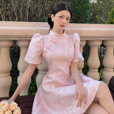 Purpdrank  Modern Young Girl Retro Summer Elegant Cheongsam Dress Women Bubble Sleeve Temperament Party Dresses Pink Fashion Qipao Vestidos
