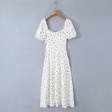 Purpdrank  Retro French Style Fruit Cherry Print Midi Long Dress Puff Sleeve Chest Ruched Bow Square Collar Hem Slit Swing Robe Fairy