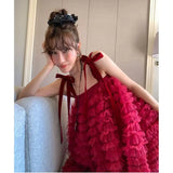 Purpdrank  Sweet Layered Red Fluffy Dress Women's 2025 Summer Girlish Dress with Suspenders