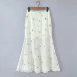 Purpdrank  French Chic Embroidery Maxi Skirt Beige Casual Summer Women Long Skirts Sheer Hollow Out Ruffles Ladies Skirt Falda