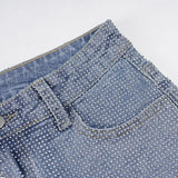 Purpdrank  Rhinestone Embellished High-Waist Denim Shorts Vintage Light Blue Slim Stretchy Hot Pants for Women Y2K Street Clubwear