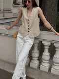 Purpdrank  Women Fashion V Neck Sleeveless Linen Style Vest Jacket Office Lady Single Breasted Casual Slim WaistCoat Tops CT9366
