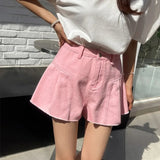 Purpdrank  Chic Pink Wide Leg Denim Shorts Women Summer High Waist A-line Hot Pants Korean Style Female Solid Color Jeans Shorts Streetwear