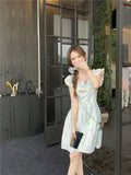 Purpdrank  French Ruffled Lace Square Neck Small Flying Sleeve Floral Dress Summer New Style Waist-hugging Short Skirt